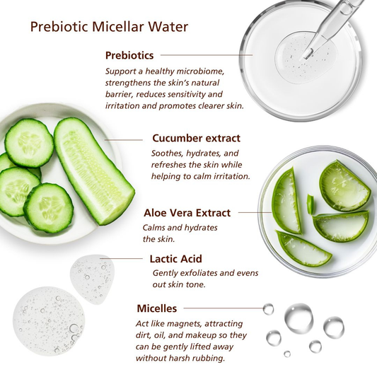 SKNLOGIC South African Skin Care Prebiotic micellar water infographic with cucumber slices, aloe vera, lactic acid, and micelles.