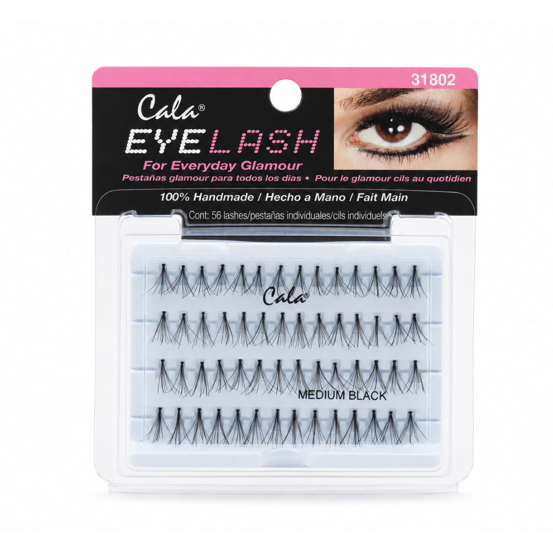 Cala Eyelash Medium Black false eyelashes in a clear plastic clamshell package with a black and pink header card.