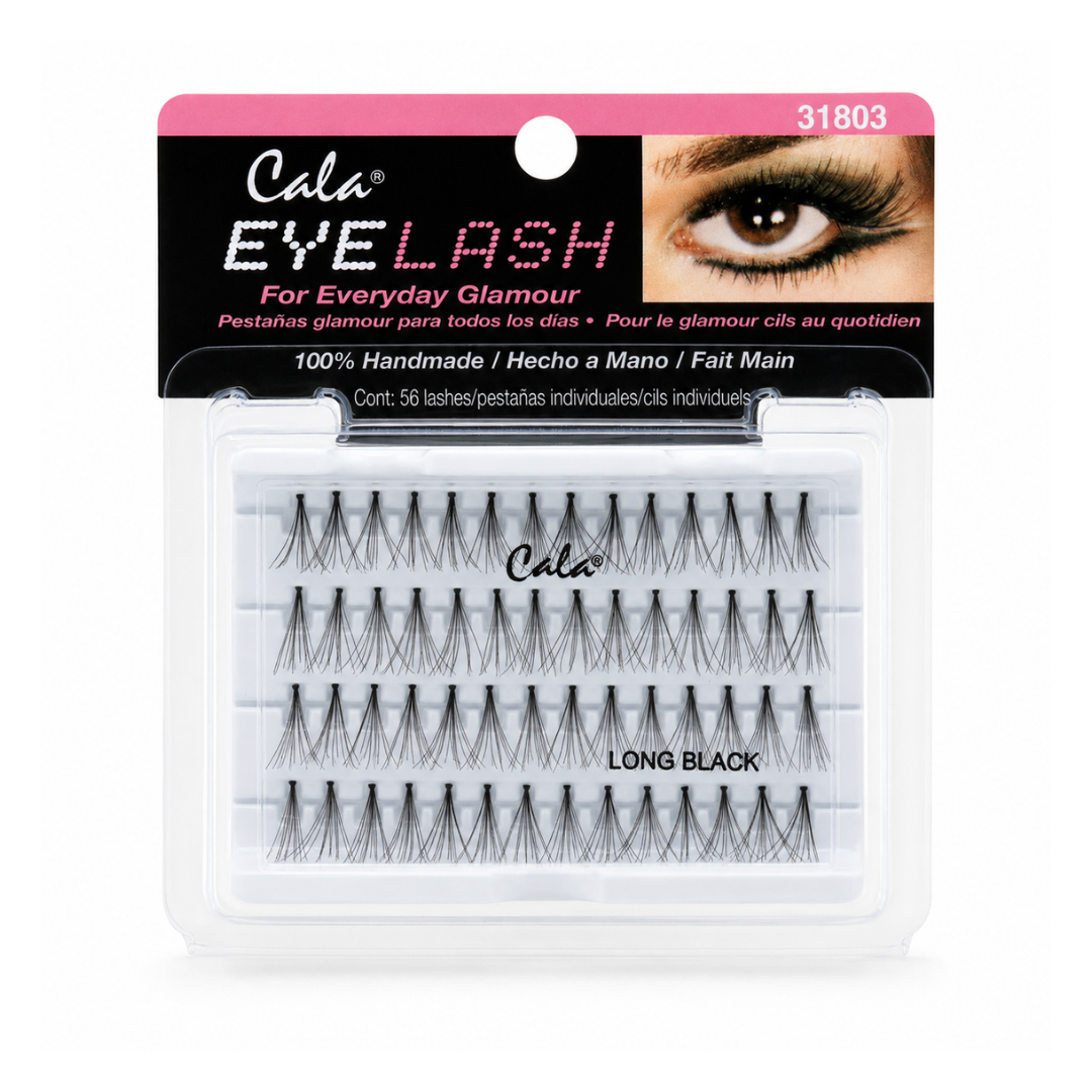 Cala Eyelash Long Black false eyelashes in a clear plastic clamshell package with a black and pink header card, shown on a white background.