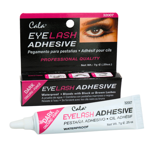 Cala Eyelash Adhesive in a dark shade, shown with its retail box and a separate squeeze tube on a plain white background.