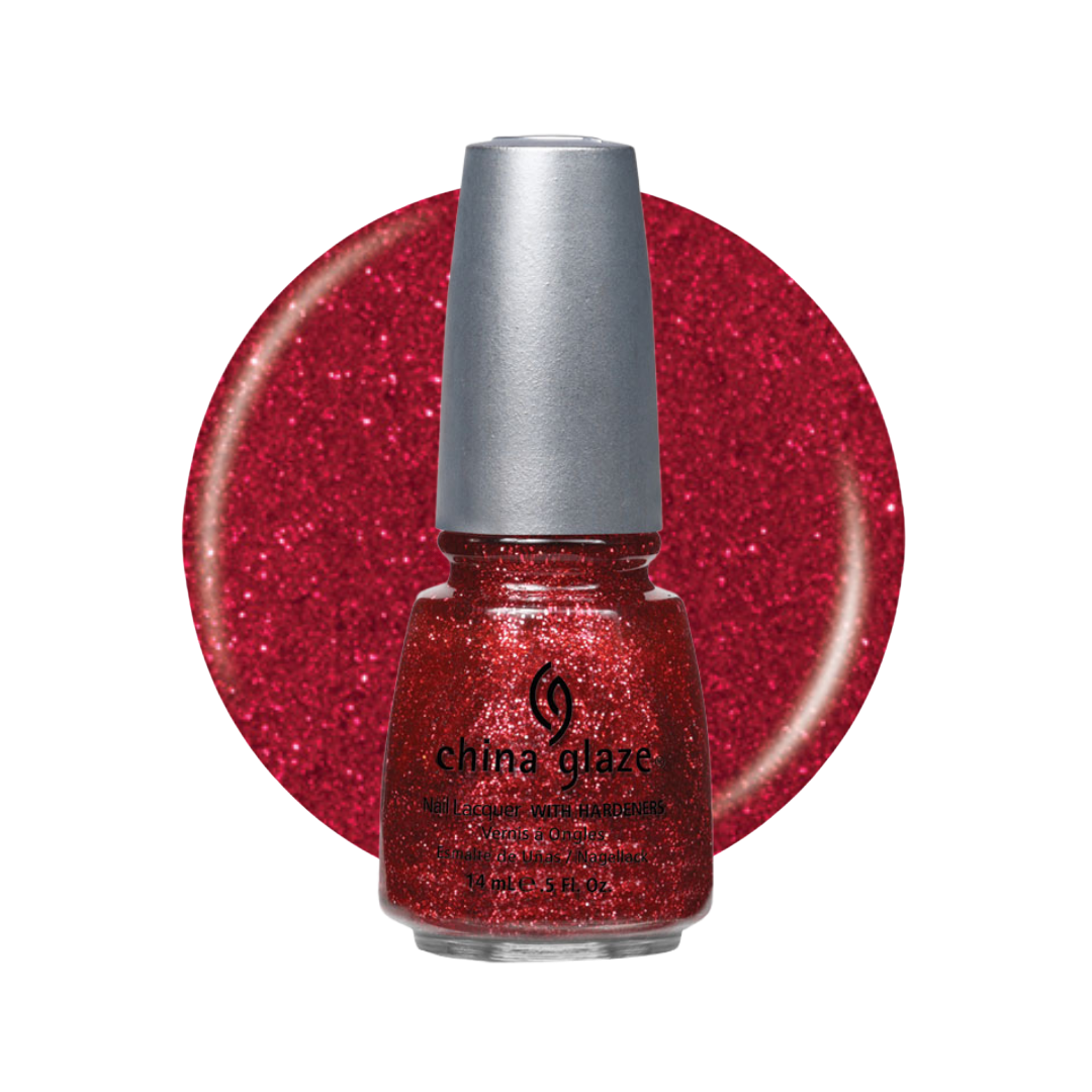 A bottle of China Glaze glitter nail polish in a sparkling red shade, shown in front of a matching circular glitter swatch on a white background.