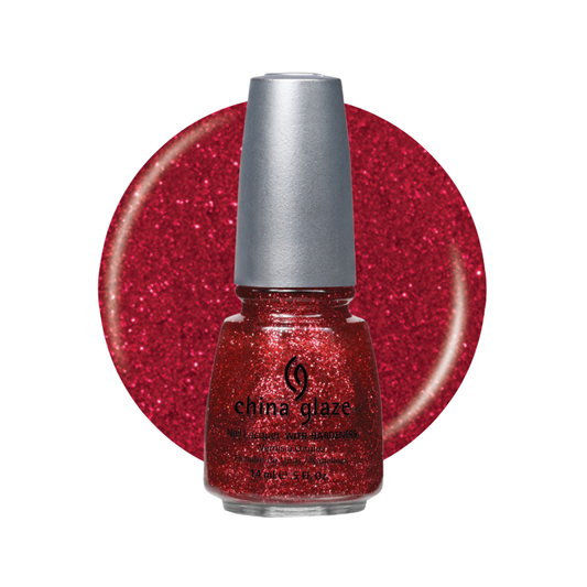 A bottle of China Glaze glitter nail polish in a sparkling red shade, shown in front of a matching circular glitter swatch on a white background.