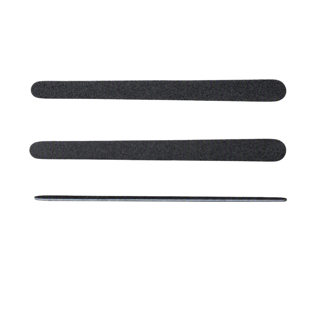 Three black wet n' dry nail files of different grit levels, arranged horizontally on a plain white background.