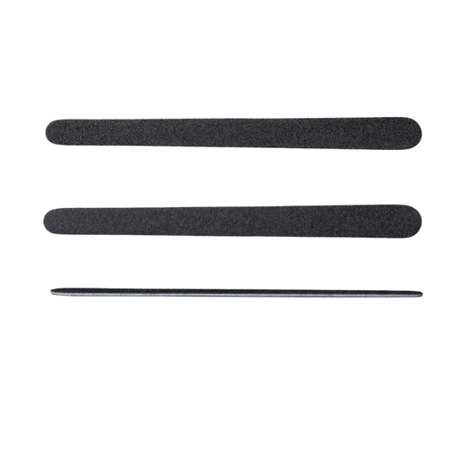 Three black wet n' dry nail files of different grit levels, arranged horizontally on a plain white background.