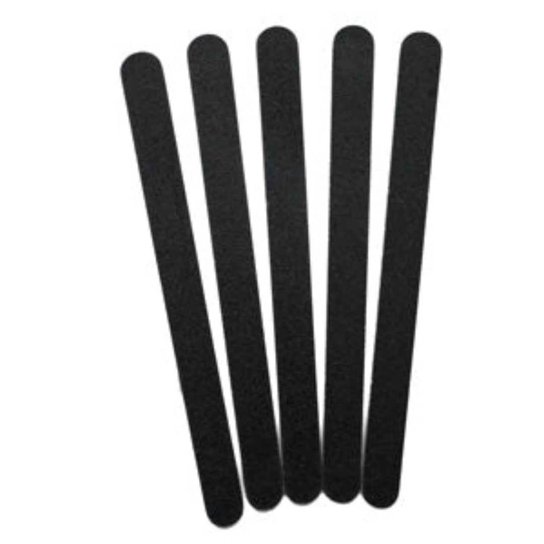 2956 Wet 'n Dry Emery boards |Five black nail files arranged in a fan shape on a plain white background.