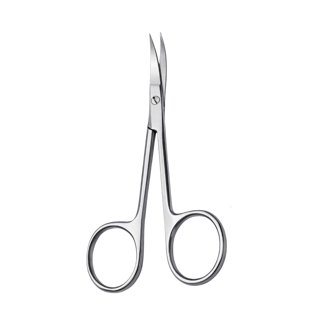 A pair of stainless steel nail scissors with a curved ergonomic design, shown on a solid white background.