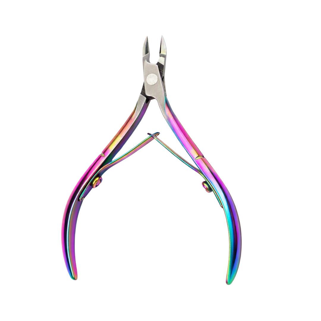 Iridescent rainbow cuticle clippers with a silver metal jaw and a polished chrome pivot screw, shown against a solid white background.
