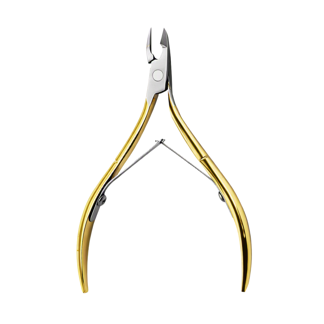 Gold and silver metal cuticle nippers with curved handles, shown against a plain white background.