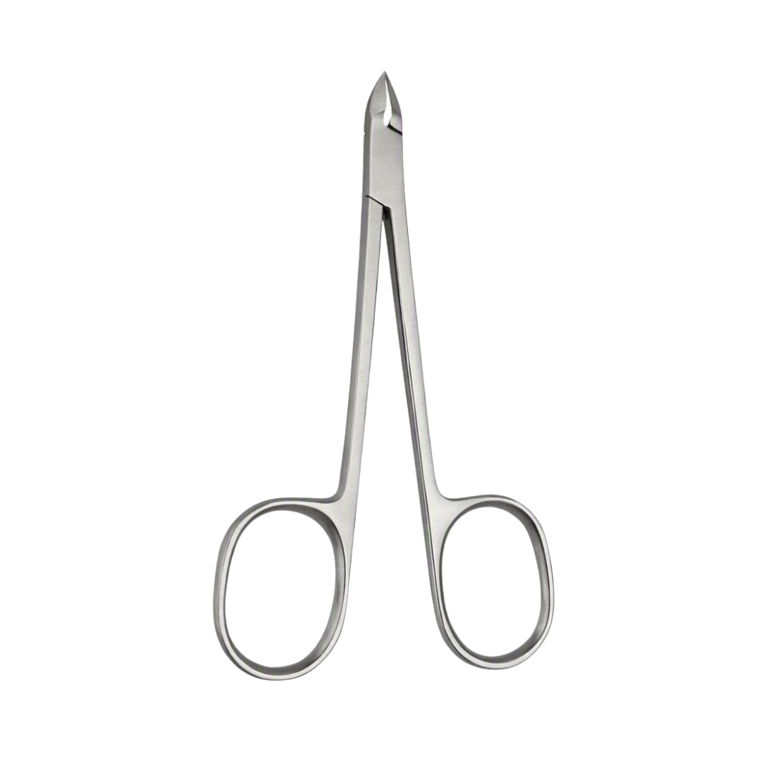 A pair of stainless-steel scissor type cuticle nippers with oval finger rings and a pointed tip, shown on a plain white background.