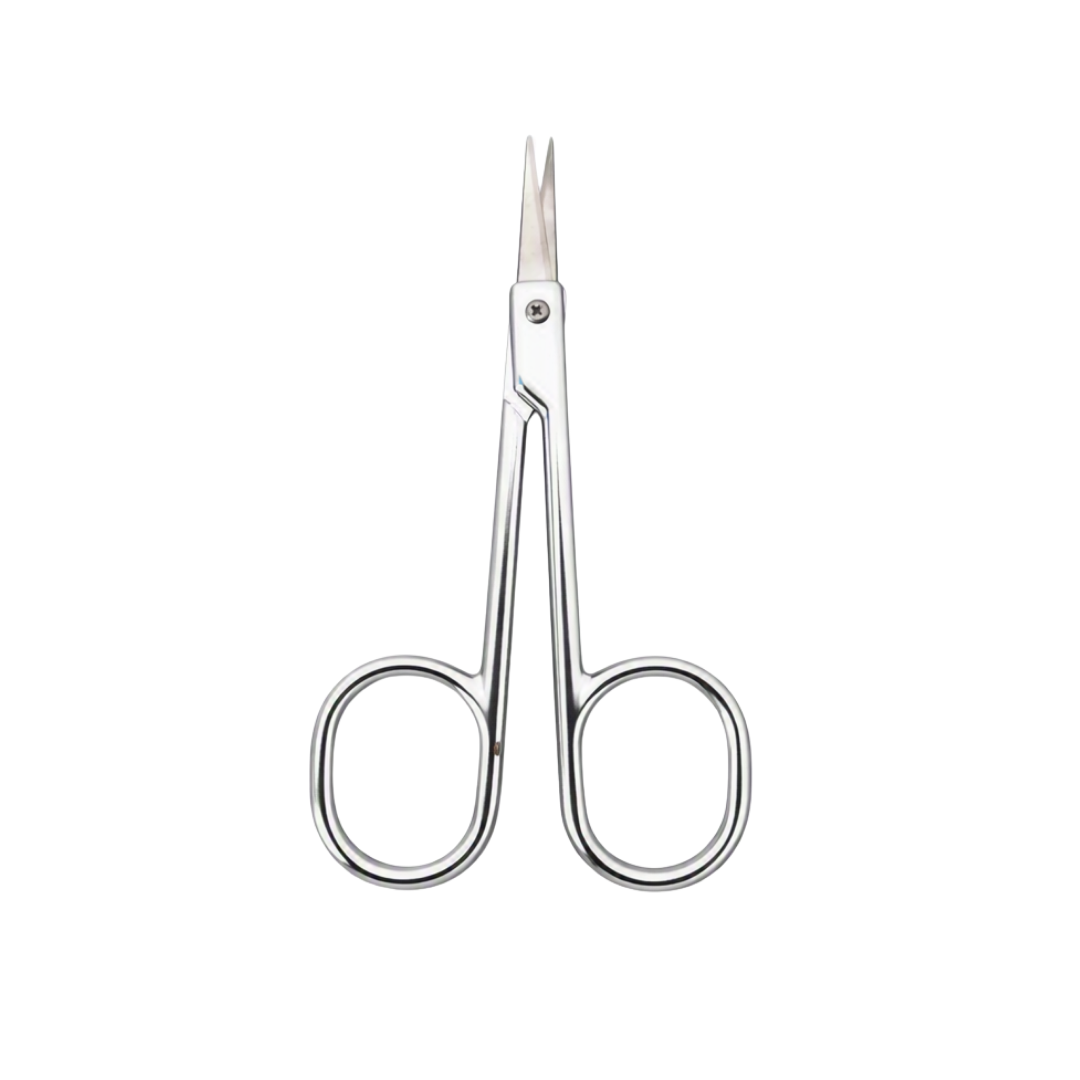 A pair of stainless steel manicure scissors with long oval handles and short pointed blades, shown on a plain white background.