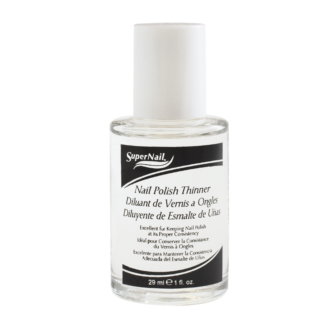 SuperNail Nail Polish Thinner in a clear glass bottle with a white cap and white label featuring black text and logo.