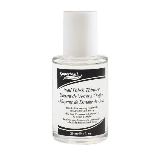 SuperNail Nail Polish Thinner in a clear glass bottle with a white cap and white label featuring black text and logo.