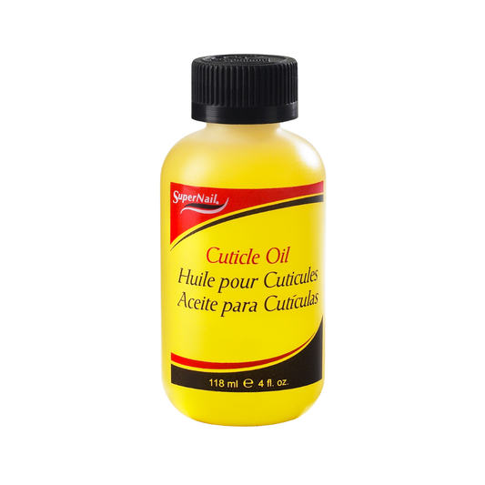 A bottle of SuperNail Cuticle Oil with a bright yellow body, black cap, and a yellow label with red and black accents, set against a plain white background.
