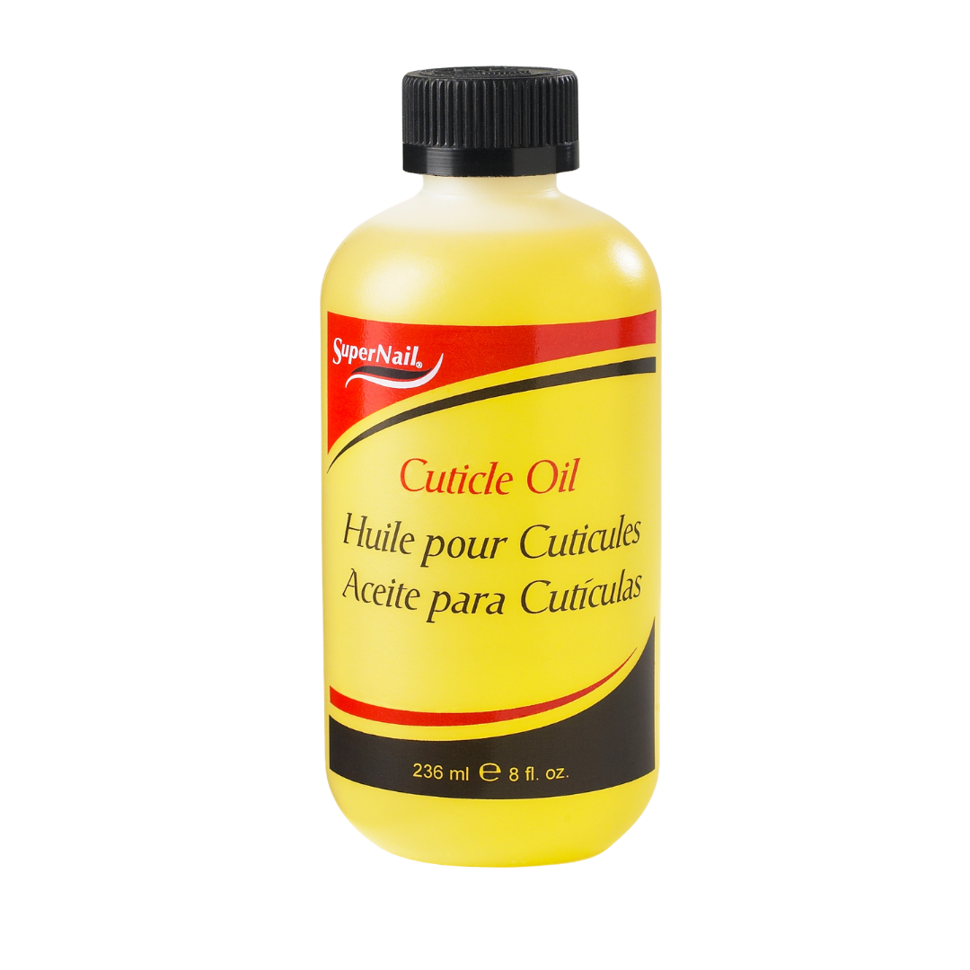 A bottle of SuperNail Cuticle Oil with a yellow liquid visible through the clear bottle, a black ribbed cap, and a yellow label with red and black accents, set against a plain white background.
