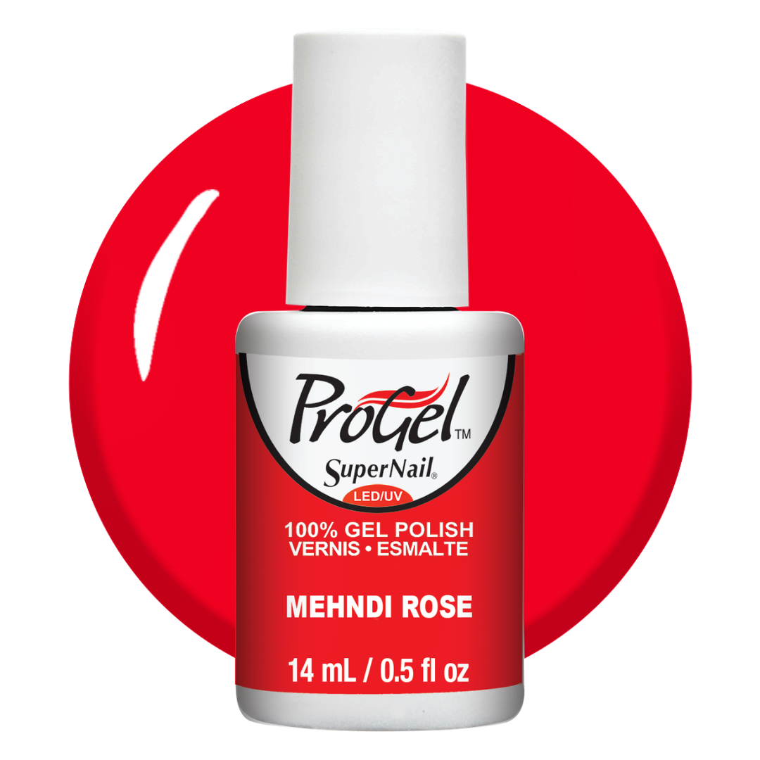 A bottle of ProGel SuperNail LED gel nail polish in the shade Mehndi Rose, shown against a bright red circular background swatch on a white studio background.