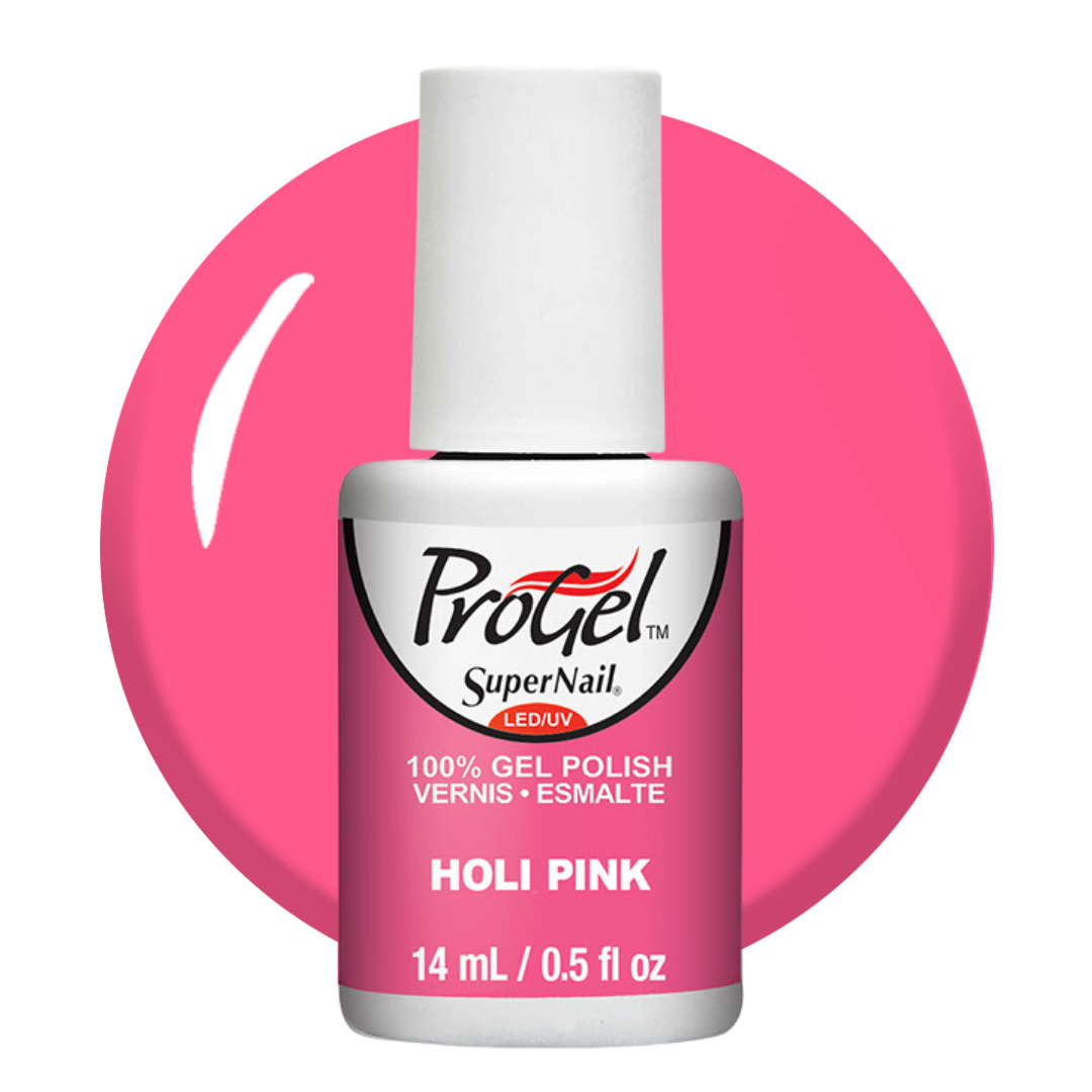 A bottle of ProGel SuperNail LED gel polish in the shade Holi Pink, shown against a bright pink circular background on a white studio background.
