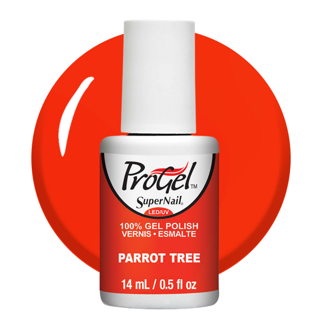 A bottle of Progel SuperNail LED gel polish in the shade 'Parrot Tree', featuring a white cap and a red-and-white label, set against a large red circular color swatch on a white background.
