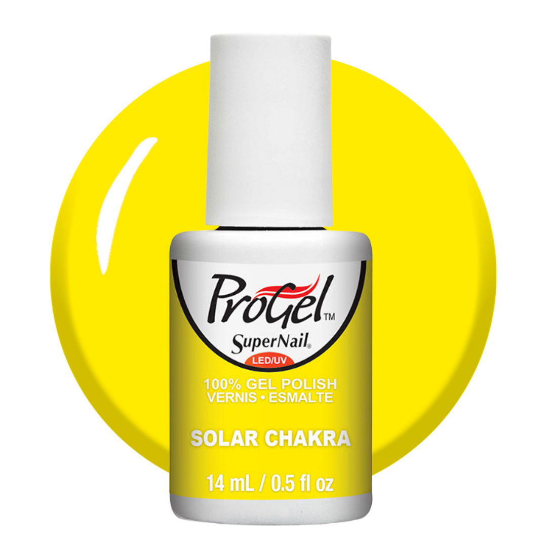 A bottle of ProGel SuperNail LED UV gel polish in the shade Solar Chakra, featuring a bright yellow color swatch behind the bottle.
