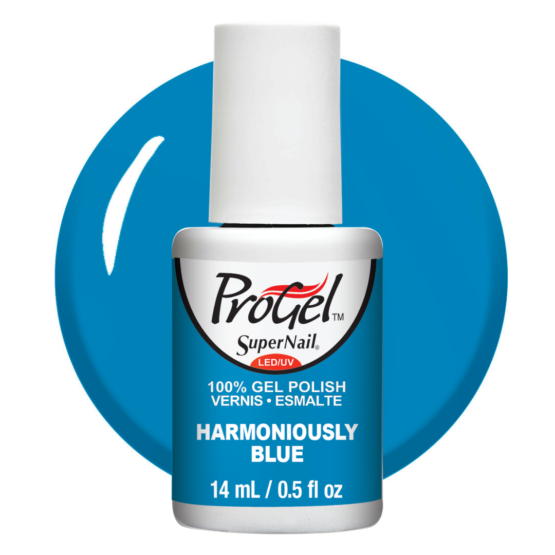 A bottle of ProGel SuperNail LED gel polish in the shade Harmoniously Blue, shown against a white background with a blue circular color swatch behind it.