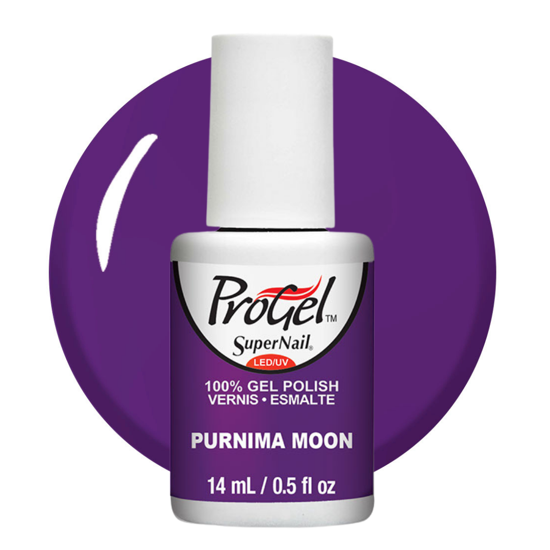 A bottle of ProGel SuperNail LED gel polish in the shade Purnima Moon, featuring a purple label and white cap, set against a matching purple circular swatch on a white background.