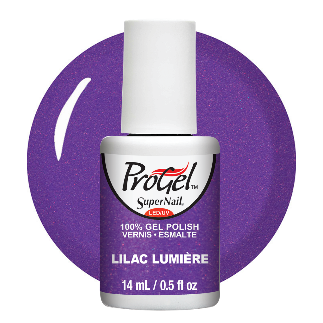 A bottle of ProGel SuperNail LED gel nail polish in the shade Lilac Lumière, shown against a purple glitter swatch background. The bottle has a white cap and a purple label with white and black text.