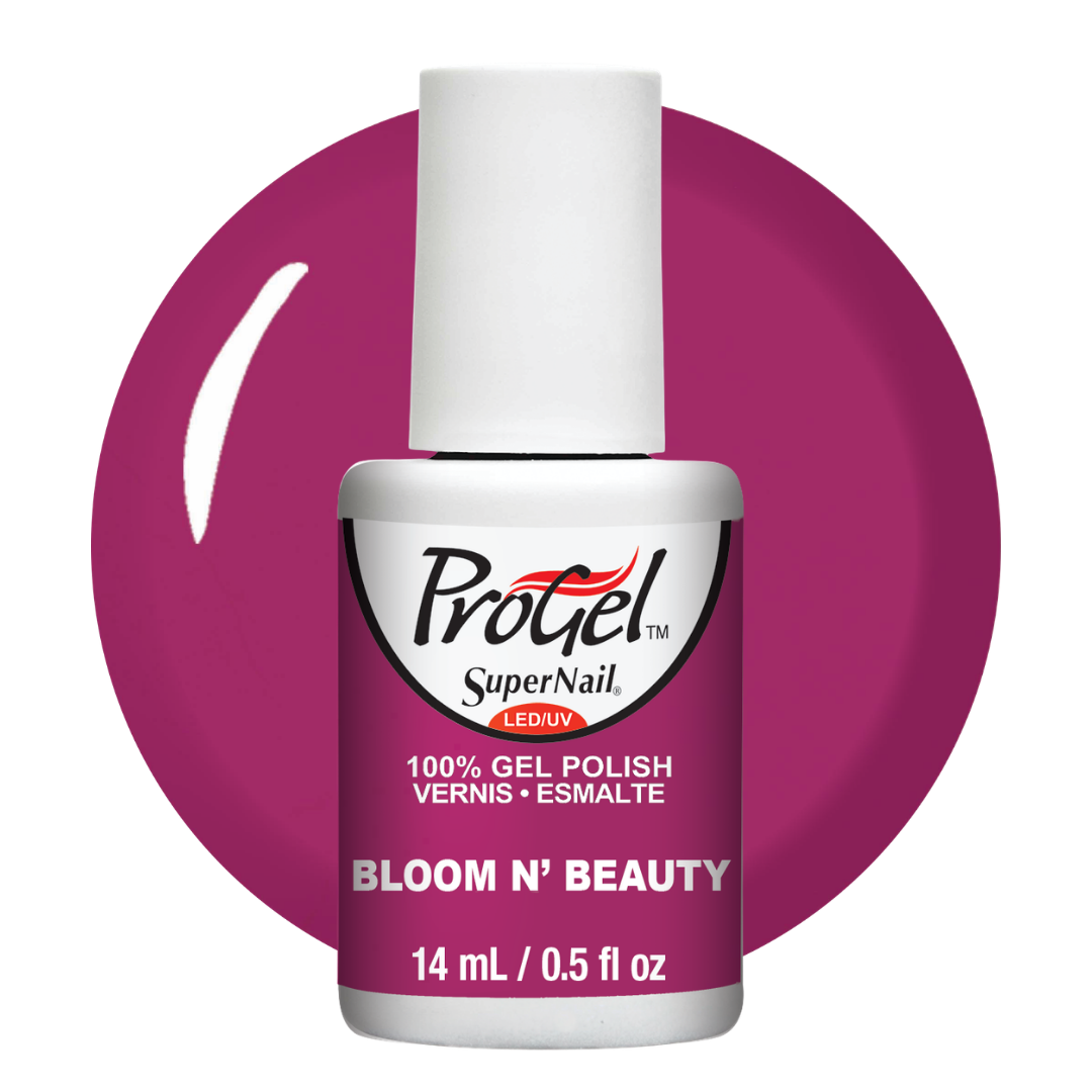 A bottle of ProGel SuperNail LED UV gel nail polish in the shade Bloom N' Beauty, featuring a white cap and a purple label, set against a matching purple circular swatch on a white background.