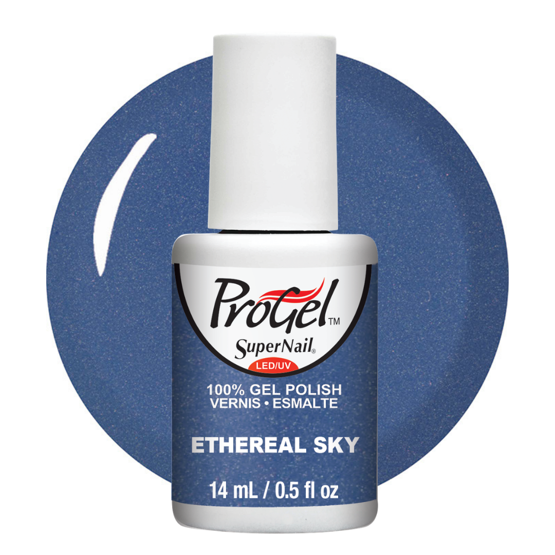 A bottle of ProGel SuperNail LED UV gel polish in the color 'Ethereal Sky', featuring a blue glitter swatch behind the bottle on a white background.