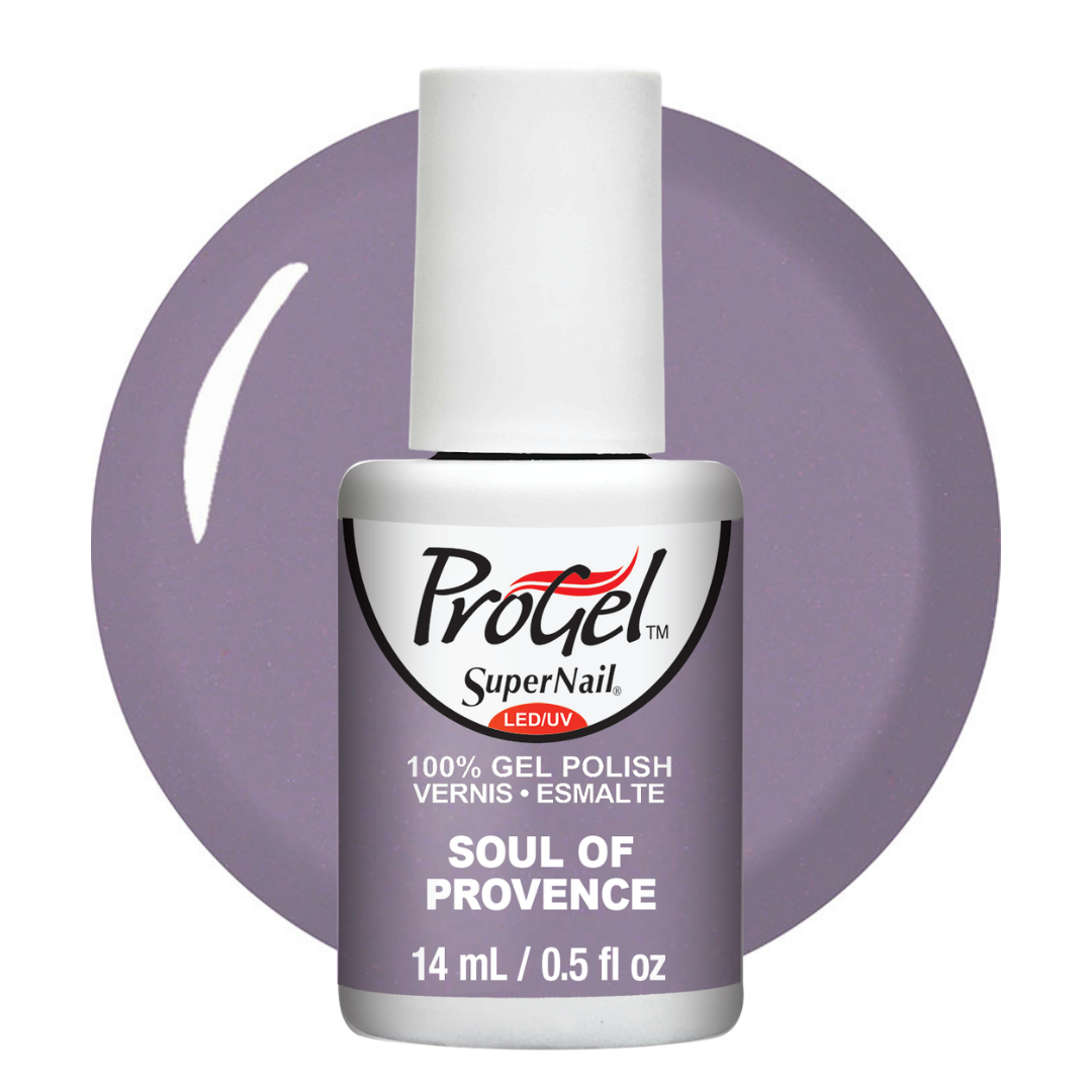 A bottle of ProGel SuperNail LED UV gel nail polish in the shade 'Soul of Provence', featuring a lavender-purple color swatch in the background.