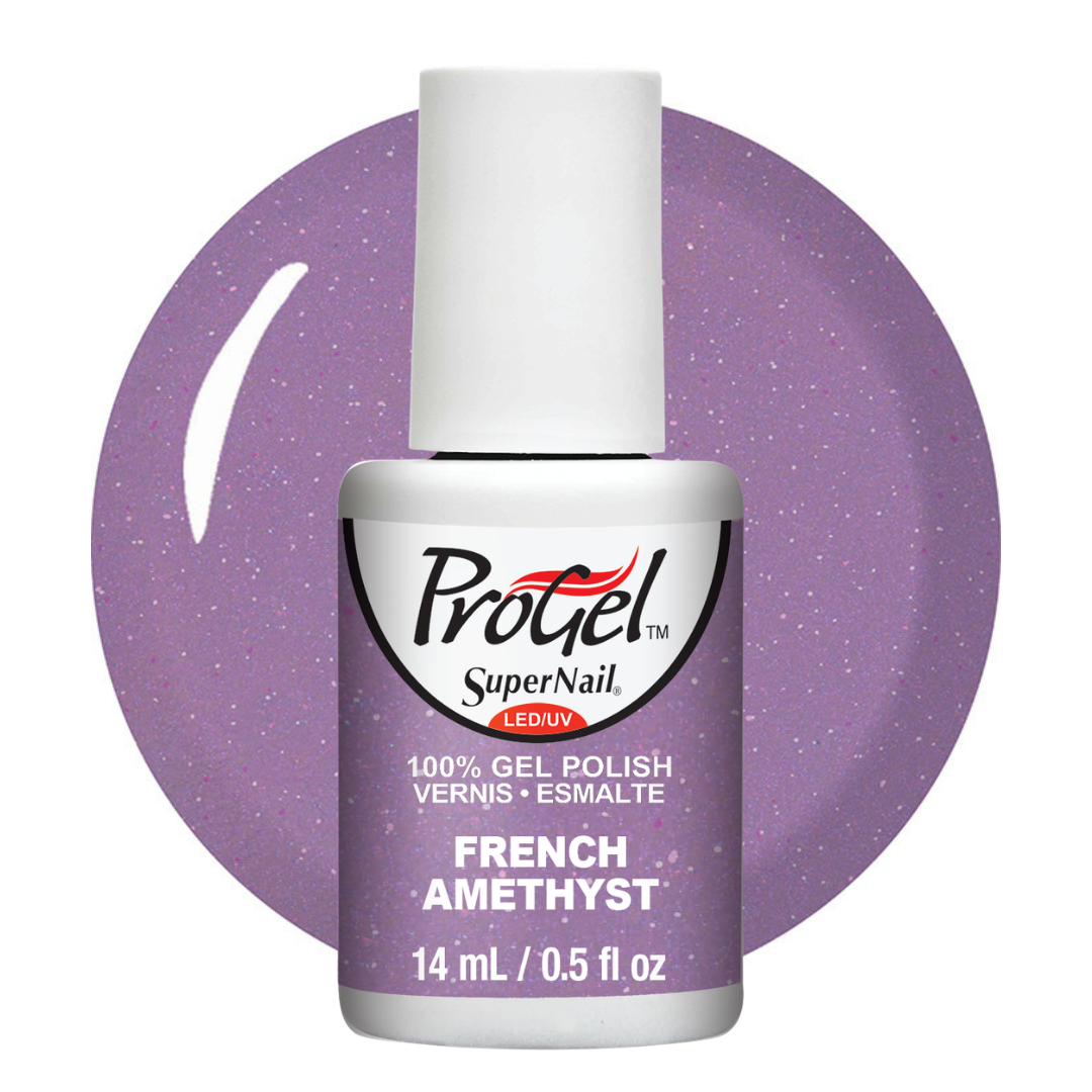 A bottle of Progel SuperNail LED UV French Amethyst gel polish, featuring a white cap and a lavender-purple label with silver glitter, set against a matching lavender glitter circular background on a white studio backdrop.