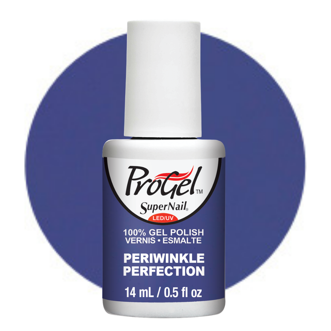 A bottle of ProGel SuperNail LED UV gel polish in the shade Periwinkle Perfection, featuring a white cap and a dark blue label, set against a matching blue circular background on a white backdrop.