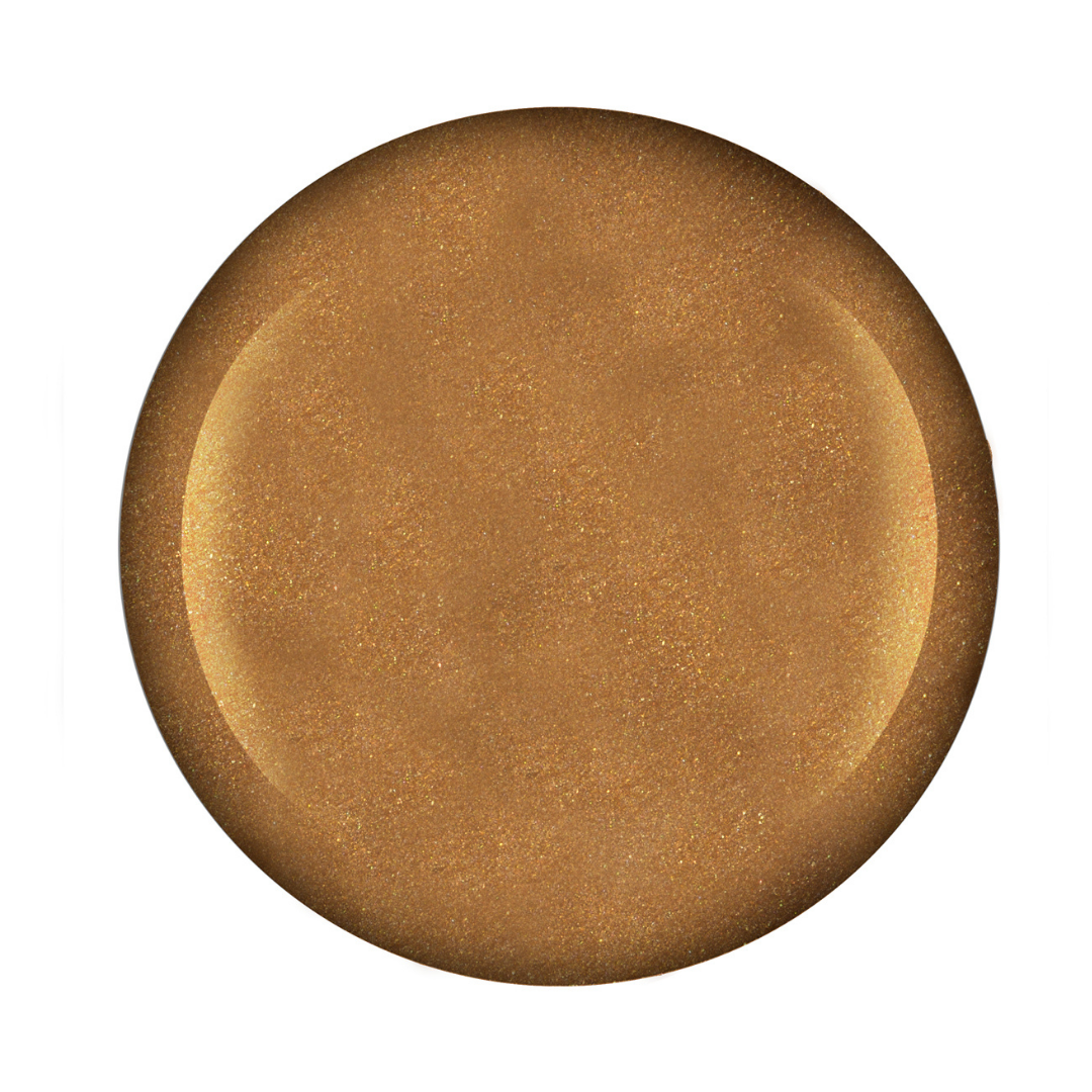 A circular Supernail Nail Gel swatch of shimmering metallic gold nail gel, shown against a solid white background.