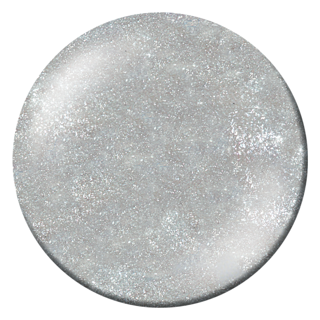 A circular Supernail Nail Gel swatch of shimmering silver glitter nail gel on a plain white background.