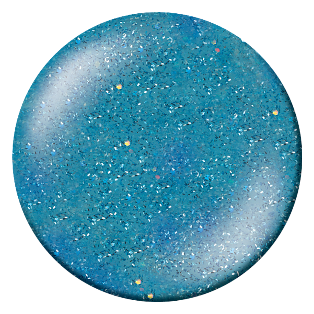 A circular swatch of glittery blue nail Supernail Nail Gel polish showing a sparkling blue base with fine silver, gold, and white flecks, isolated on a white background.