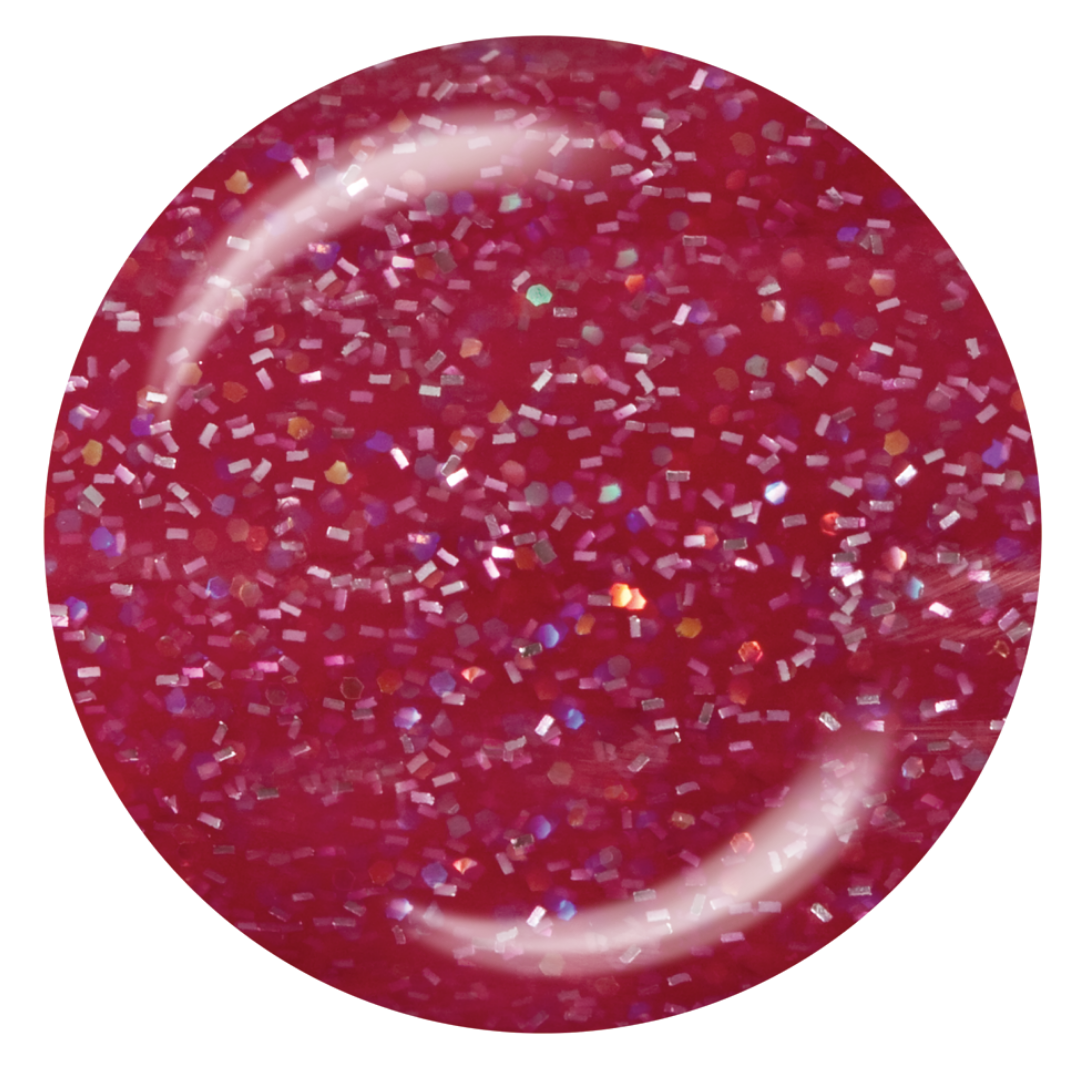 A circular close-up Supernail Nail Gel swatch of a deep berry red glitter polish or pigment with dense holographic and iridescent flakes, shown on a plain white background.