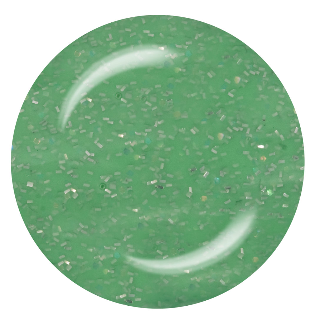 A circular close-up Supernail Nail Gel swatch of green glitter polish or pigment with fine reflective flakes and two glossy white curved highlights, shown on a white background.