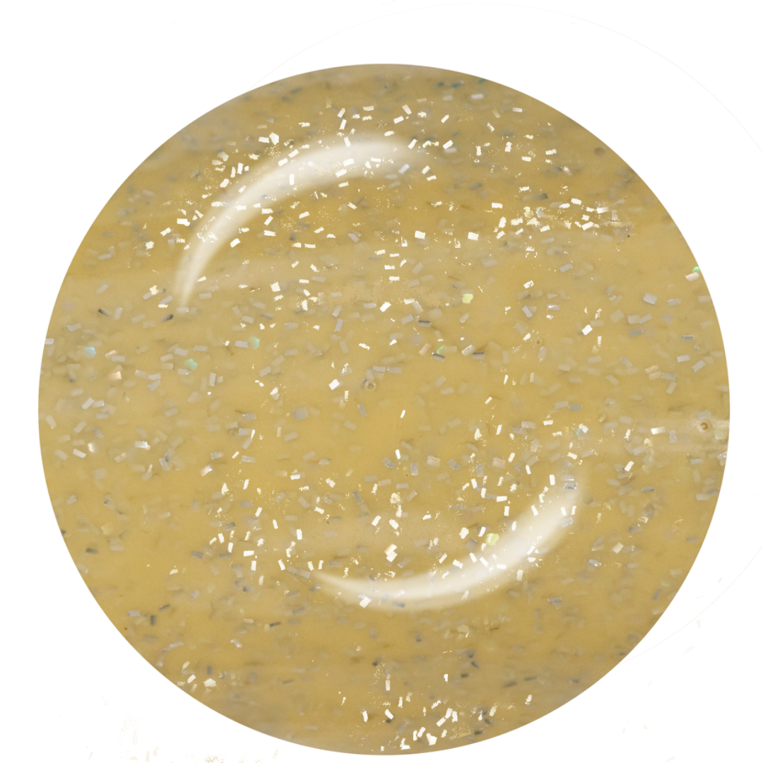 A circular close-up Supernail Nail Gel swatch of a translucent, shimmering champagne-gold gel with fine silver glitter flakes, set against a plain white background.