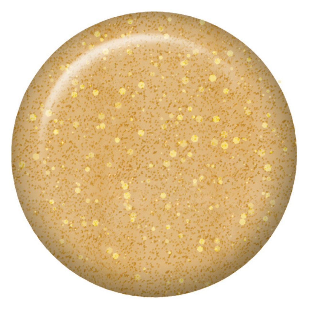 A circular swatch of sheer champagne-gold Supernail acrylic powder with fine gold glitter, shown on a plain white background.