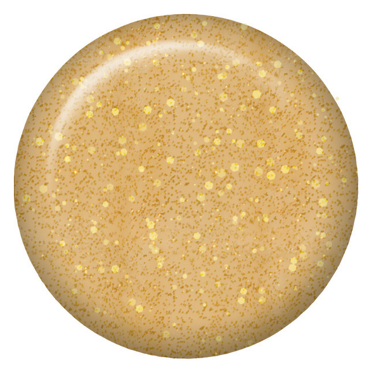 A circular swatch of sheer champagne-gold Supernail acrylic powder with fine gold glitter, shown on a plain white background.