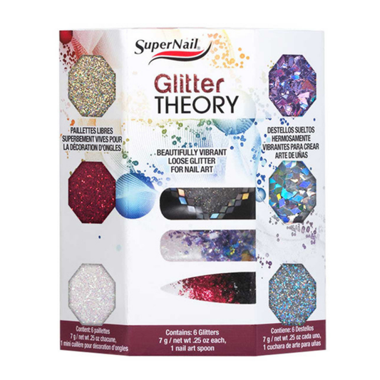 SuperNail Glitter Theory nail art glitter set in a white box with colorful hexagonal glitter samples and Spanish text on the front.