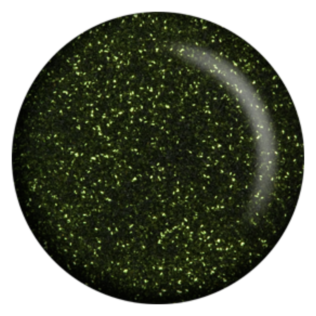 A circular Supernail color swatch showing a dark olive green glitter polish with fine shimmer and a glossy highlight on a white background.