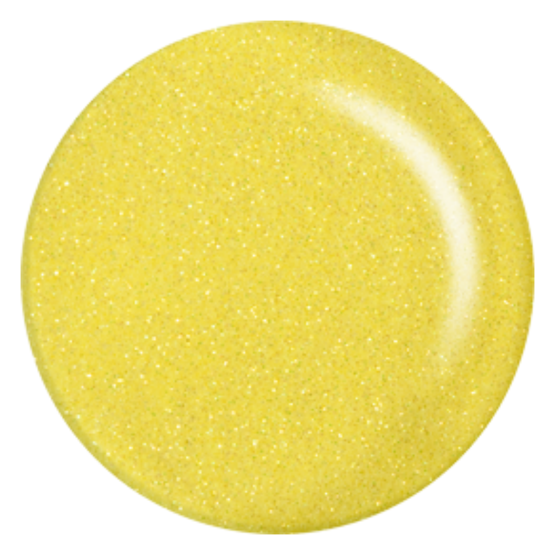 A circular Supernail color swatch of sparkling light yellow glitter nail polish or paint on a solid white background.