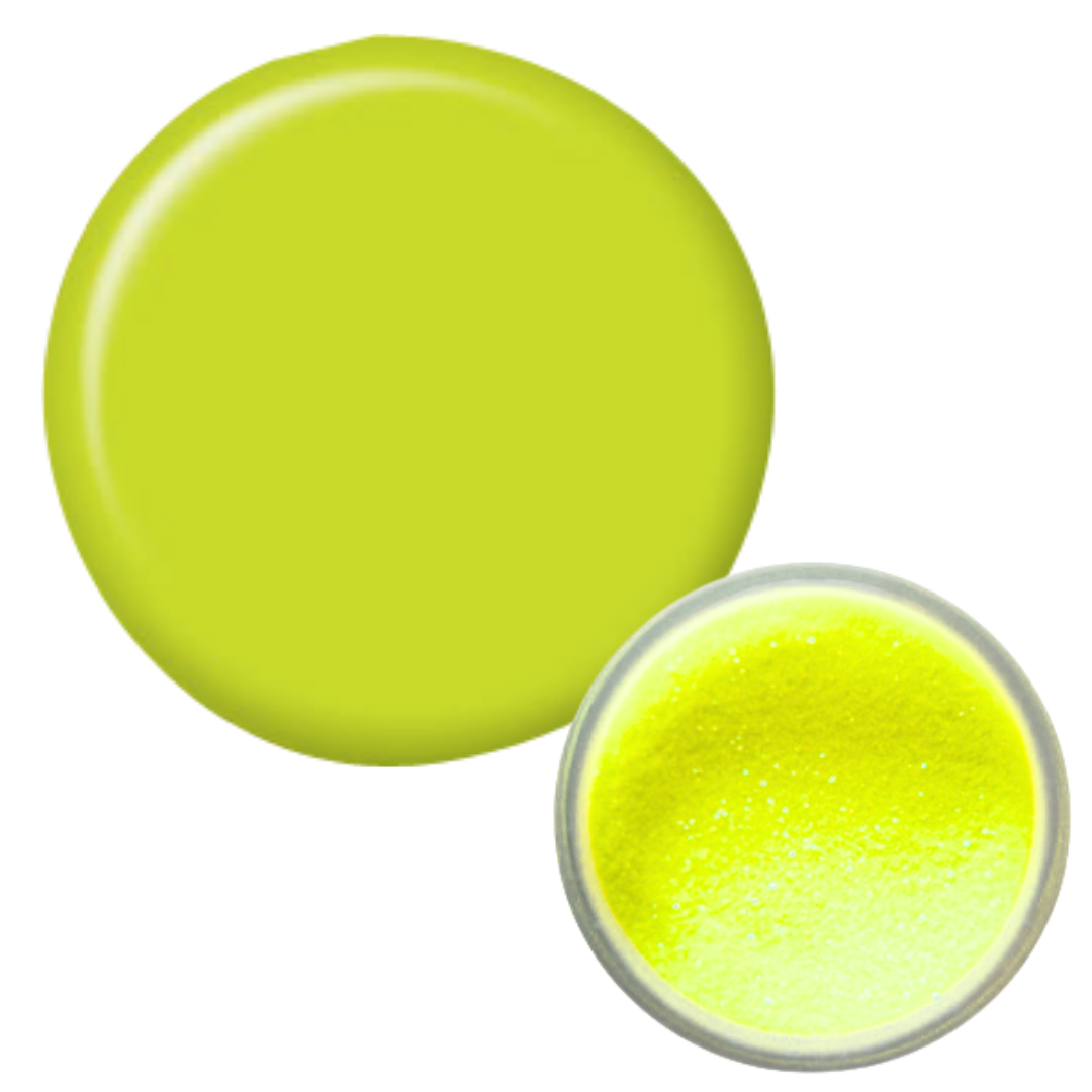 A bright chartreuse yellow-green Supernail acrylic powder shown as a smooth circular swatch next to an open round pot containing the textured cream, on a plain white background.