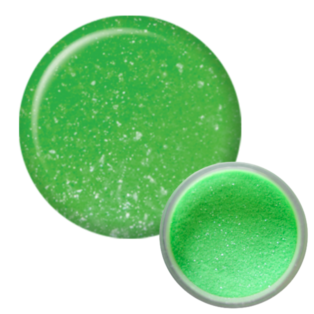 Bright green glittery Supernail acrylic powder shown in two circular pots, one larger and one smaller, on a plain white background.