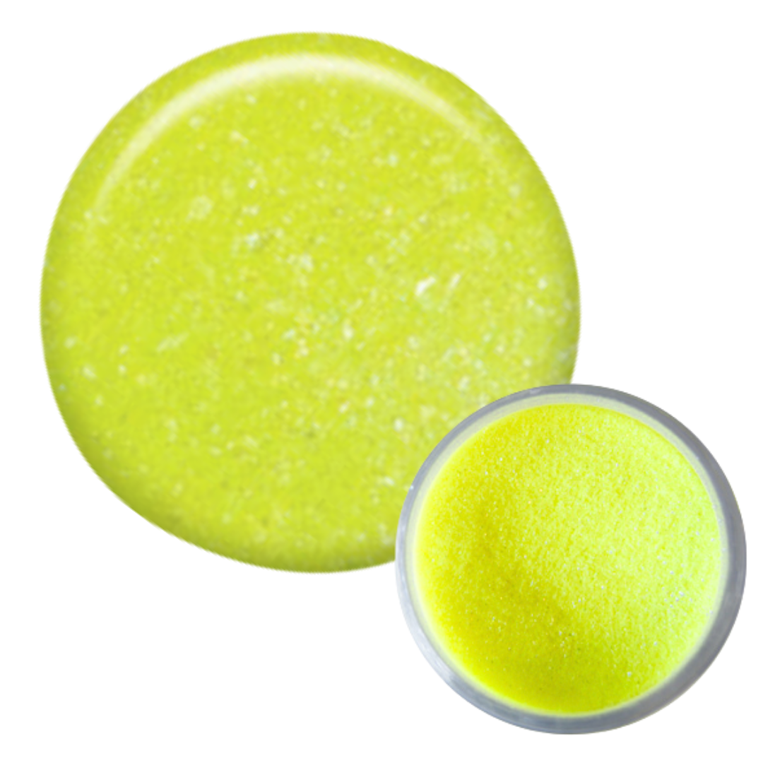 A bright neon yellow-green Supernail acrylic powder shown as a large circular swatch and a small round dish of the same textured cream on a plain white background.