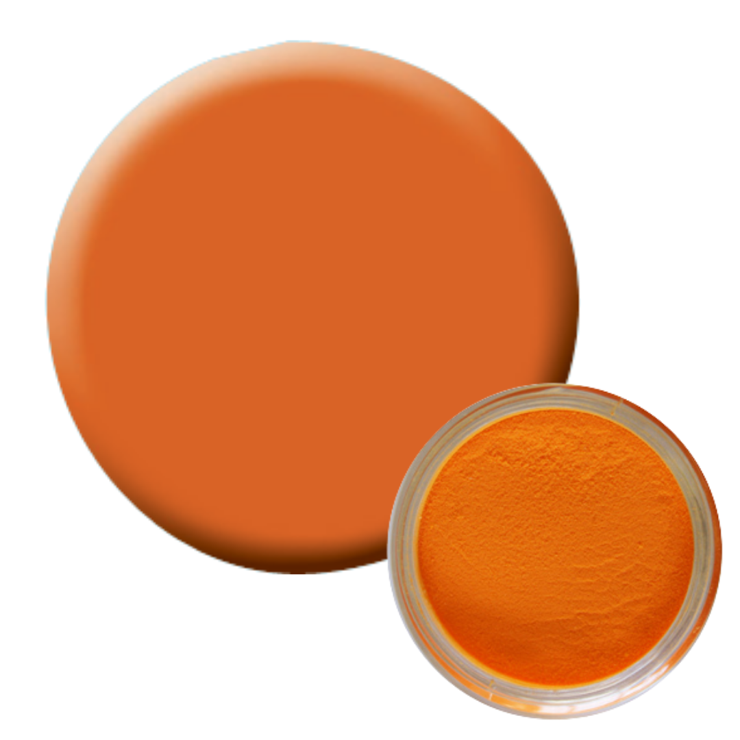 An orange circular Supernail acrylic powder color swatch next to a small clear jar filled with orange powder, shown on a plain white background.