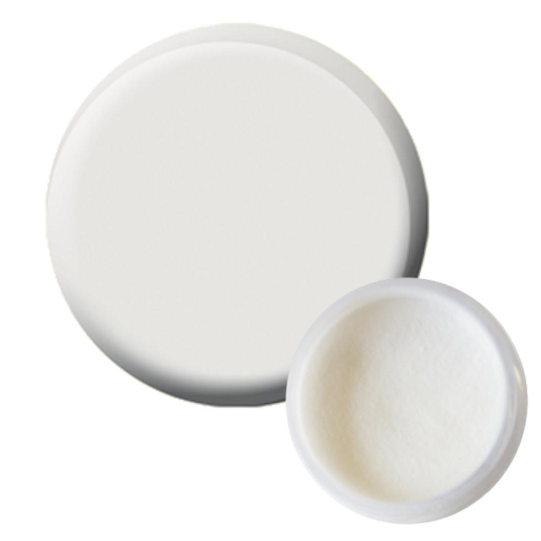 A white circular Supernail acrylic powder pot shown closed from the back and open from the front, revealing a smooth white powder texture inside, on a plain white background.