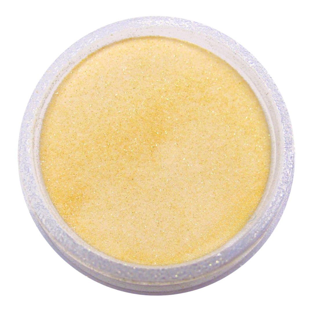 A round, open container filled with fine, sparkling pale yellow Supernail acrylic powder, shown against a solid white background.
