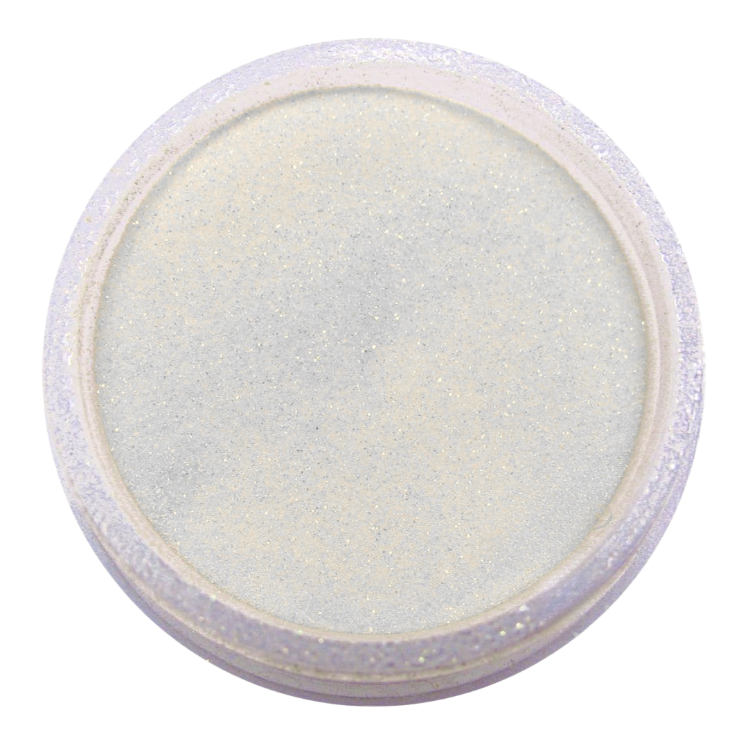 A round, shallow container filled with fine, shimmering Supernail acrylic powder in a pale champagne-gold color, shown from a top-down view on a white background.