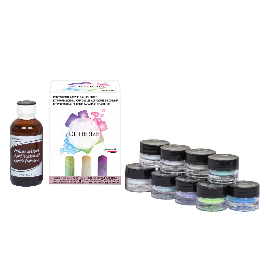 Glitterize professional acrylic nail color kit including a bottle of liquid polish, a product box, and multiple small jars of glitter powder in assorted colors on a white background.