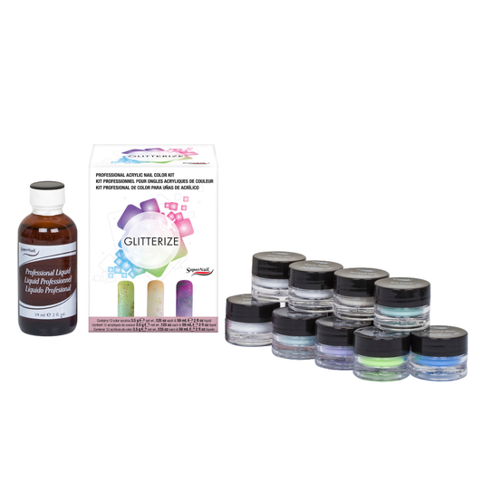 Glitterize professional acrylic nail color kit including a bottle of liquid polish, a product box, and multiple small jars of glitter powder in assorted colors on a white background.